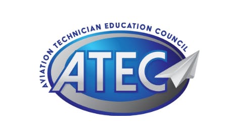 A logo showcasing a paper airplane and a blue oval containing text that reads: ATEC Aviation Technician Education Council