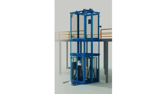 A large blue vertical conveyor system situated next to an elevated platform