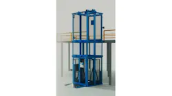 A large blue vertical conveyor system situated next to an elevated platform A large blue vertical conveyor system situated next to an elevated platform