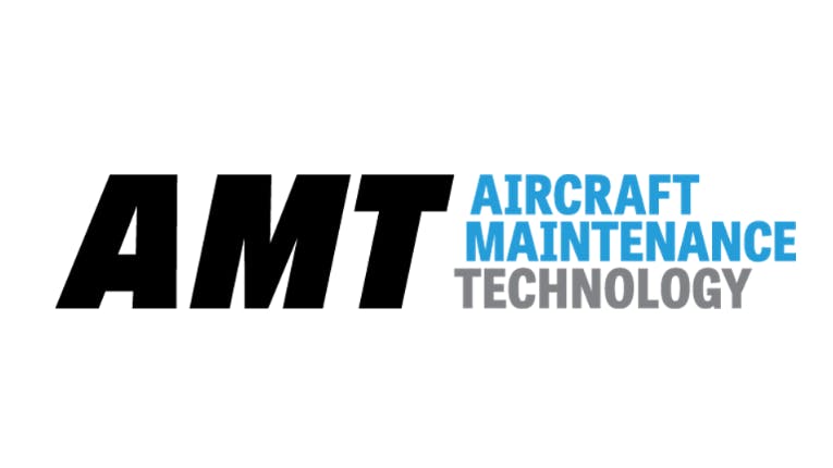 A logo with black text that says 'AMT' and blue and gray text that says, 'Aircraft Maintenance Technology'