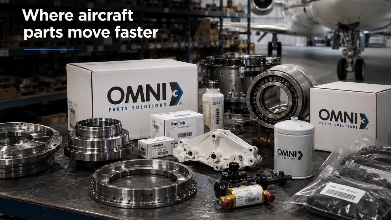 A collection of mechanical parts on a table with some labeled 'Omni Parts Solutions' with floating white text at the top of the image that reads: Where aircraft parts move faster