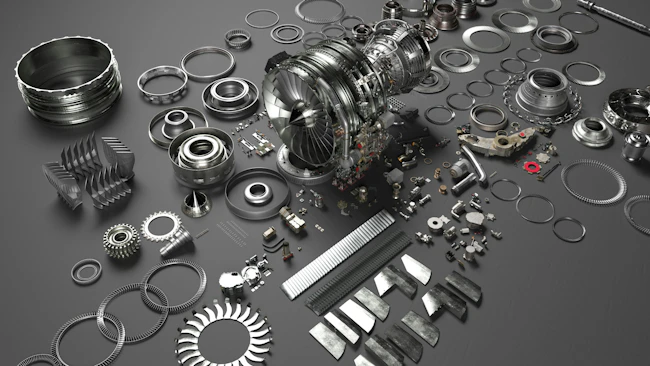A collection of metal parts scattered on a gray table