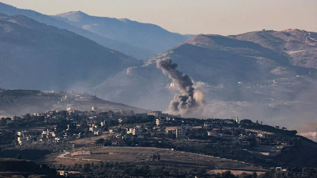 Smoke rises following an Israeli airstrike on southern Lebanon, as seen from northern Israel, amid ongoing hostilities between Israel and the Lebanese militant group Hezbollah.