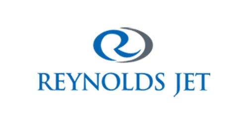 A logo with a white background and blue text that reads: Reynolds Jet