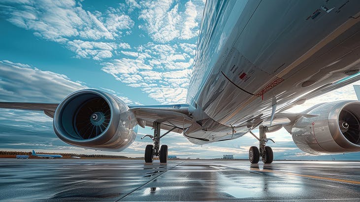 A photograph of the underside of an airplane with the engines close to the camera and a blue sky above and runway below