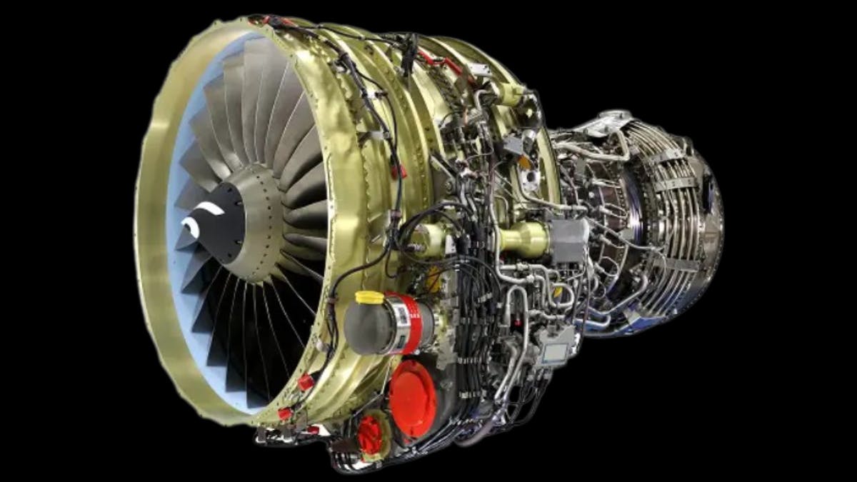 A rendering of an airplane engine with all parts of the component exposed