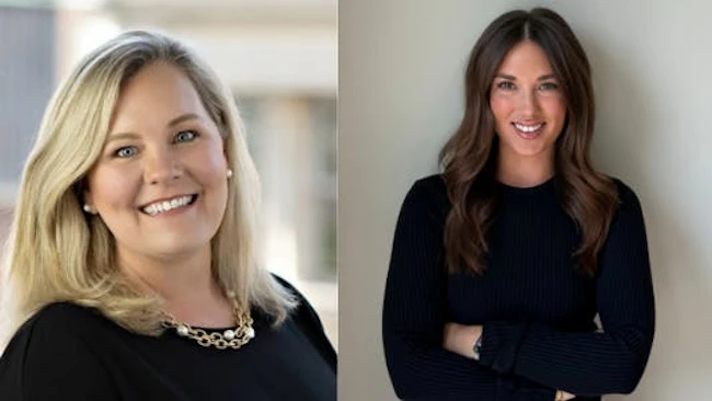Two professional headshots of women smiling at the camera, one more close-up and one standing further away with her arms crossed
