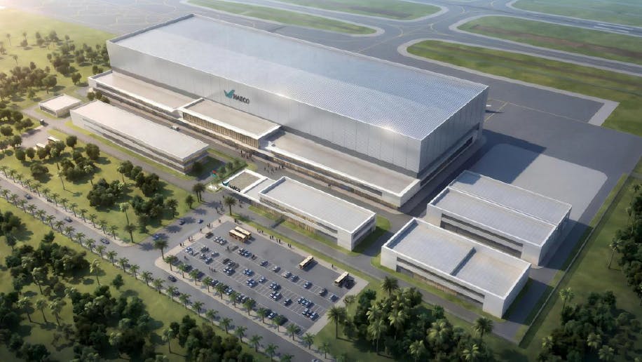 An aerial view of a rendering of a large warehouse-like facility with multiple buildings and a parking lot