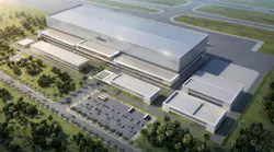 An aerial view of a rendering of a large warehouse-like facility with multiple buildings and a parking lot