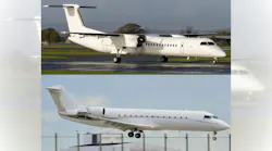 An image showing two photographs of airplanes, one in the sky and one landing on the ground