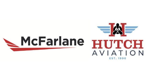 Two logos with white backgrounds and illustrations of airplane parts, with one logo reading 'McFarlane Aviation' and the other reading 'Hutch Aviation'