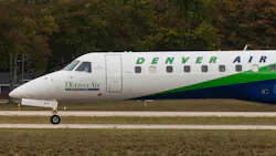A white airplane with green accents on it and text that reads: DENVER AIR A white airplane with green accents on it and text that reads: DENVER AIR