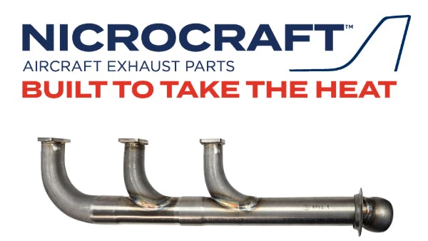 A photograph of a twin engine exhaust stack with a logo above and text that reads: Nicrocraft aircraft exhaust parts built to take the heat