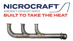 A photograph of a twin engine exhaust stack with a logo above and text that reads: Nicrocraft aircraft exhaust parts built to take the heat A photograph of a twin engine exhaust stack with a logo above and text that reads: Nicrocraft aircraft exhaust parts built to take the heat