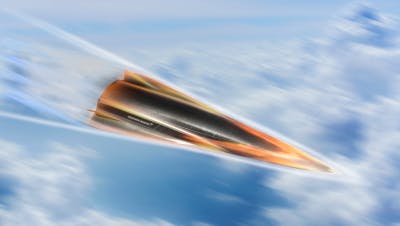A 3D rendering of a black and orange missile shooting through the sky