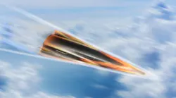 A 3D rendering of a black and orange missile shooting through the sky