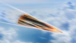 A 3D rendering of a black and orange missile shooting through the sky