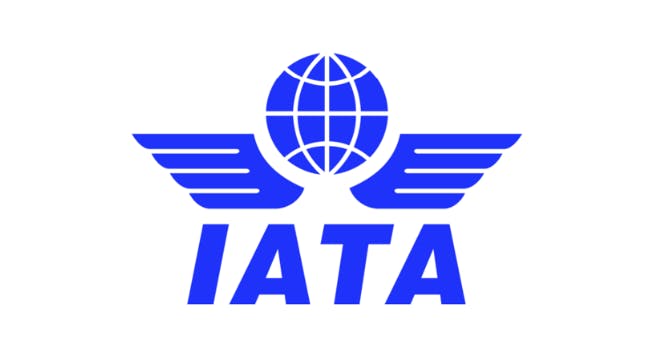 A bright blue logo featuring illustrations of a globe and pilot's wings, with text that reads: IATA