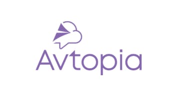 A logo with a white background and a purple icon of a cloud and paper airplane, purple text that reads: Avtopia