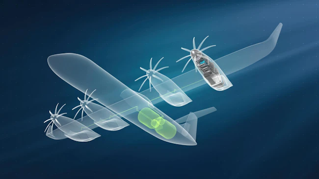 A digital rendering of an airplane with hydrogen fuel cells attached