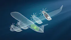 A digital rendering of an airplane with hydrogen fuel cells attached