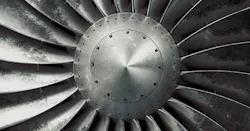 A close-up photograph of an airplane engine