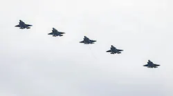US Marine Corps Lockheed Martin F-35B fighter jets fly over Roosevelt Roads Naval Station.