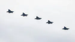 US Marine Corps Lockheed Martin F-35B fighter jets fly over Roosevelt Roads Naval Station.