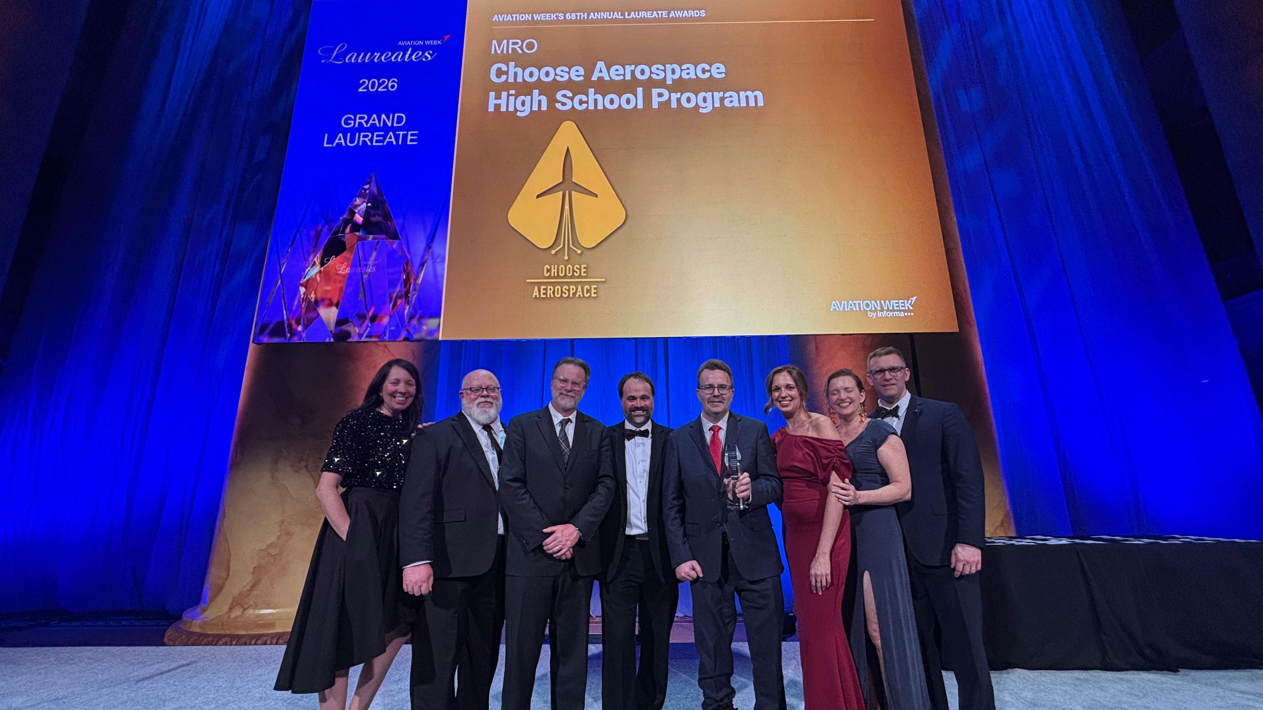 Choose Aerospace representatives, including ARSA VP of Operations Brett Levanto and member representatives Ryan Goertzen (AAR Corp) and Etain Connor (FEAM Aero) celebrate the organization&rsquo;s Grand Laureate Award.