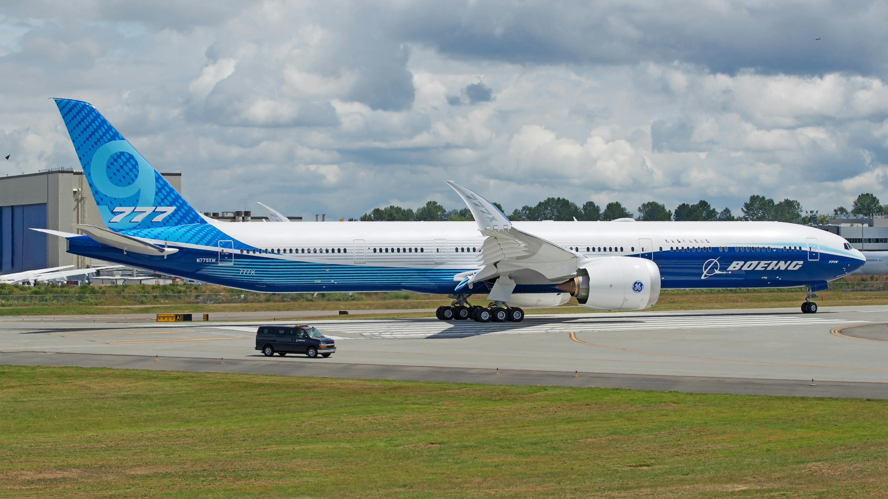 The Boeing 777X taking a test flight. Certification of the 777X passenger version is long delayed, and the jet is not expected to enter service until late next year.