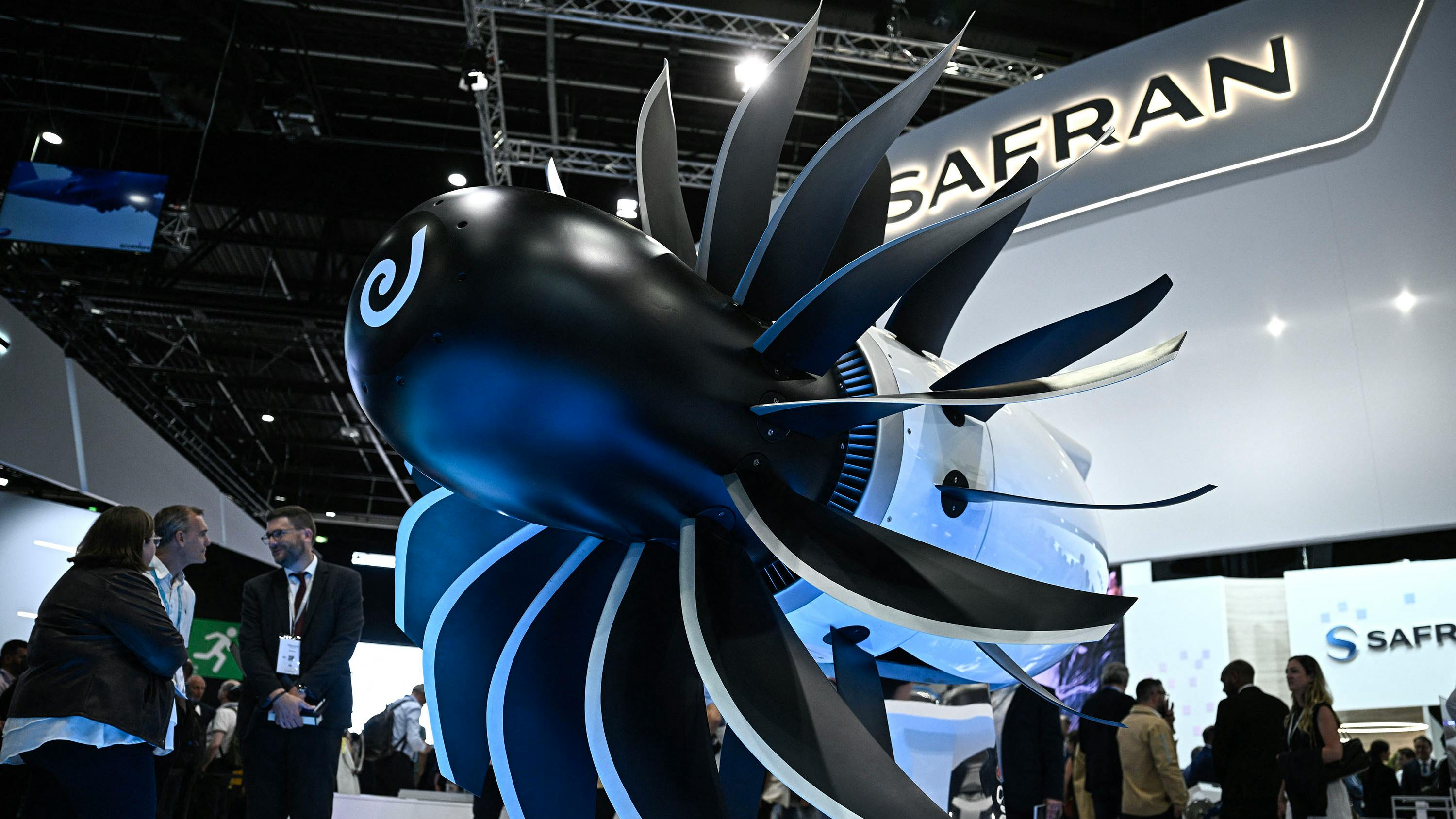A model of the CFM International RISE, an open rotor engine currently under development by CFM International, a 50/50 joint venture between American GE Aerospace and French Safran Aircraft Engines, is displayed at the Paris Air Show at the ParisLe Bourget Airport on June 18, 2025, in Paris.