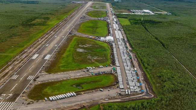 Aerial view of the runway on the remote Miami-Dade County airport that the state of Florida converted to the Alligator Alcatraz detention camp for immigration offenders. Miami-Dade has resumed control of the airfield after the immigration detention camp has been dismantled.