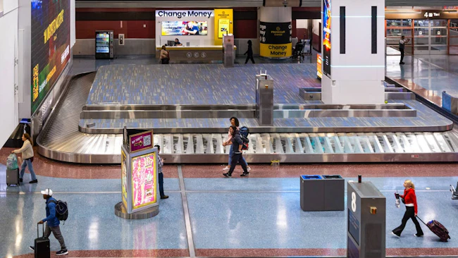 Travelers make their way through the baggage claim at Harry Reid International Airport on Tuesday, Nov. 11, 2025, in Las Vegas.