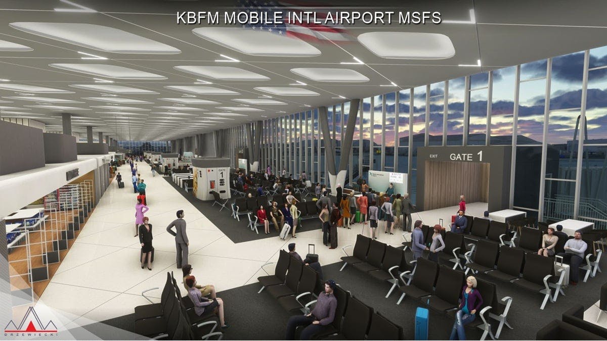 The main concourse of the new Mobile International Airport, as seen in a Microsoft Flight Simulator add-on developed by Polish company Drzewiecki Design.