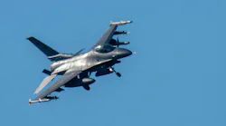 An F-16 Fighting Falcon fighter aircraft extended its landing gear to land at the US military airfield at Spangdahlem.