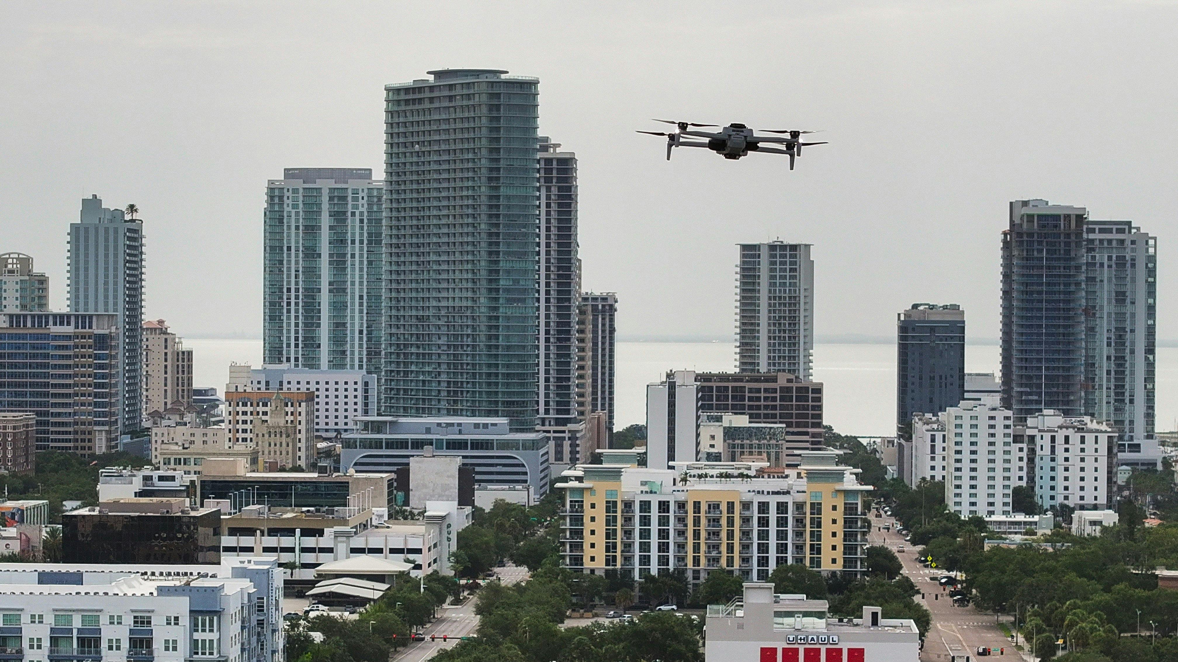 A drone view of a new police drone flying over downtown St. Petersburg. The city's law enforcement agency recently expanded its fleet to 14 drones -- which can read license plates from a mile away.