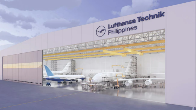 A 3D rendering of a hangar with airplanes inside and a sign that reads: Lufthansa Technik Philippines