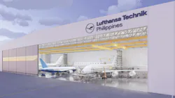A 3D rendering of a hangar with airplanes inside and a sign that reads: Lufthansa Technik Philippines