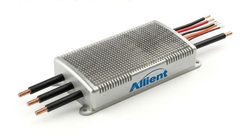 A metal box with wires coming out of both ends and a label on it that reads: ALLIENT