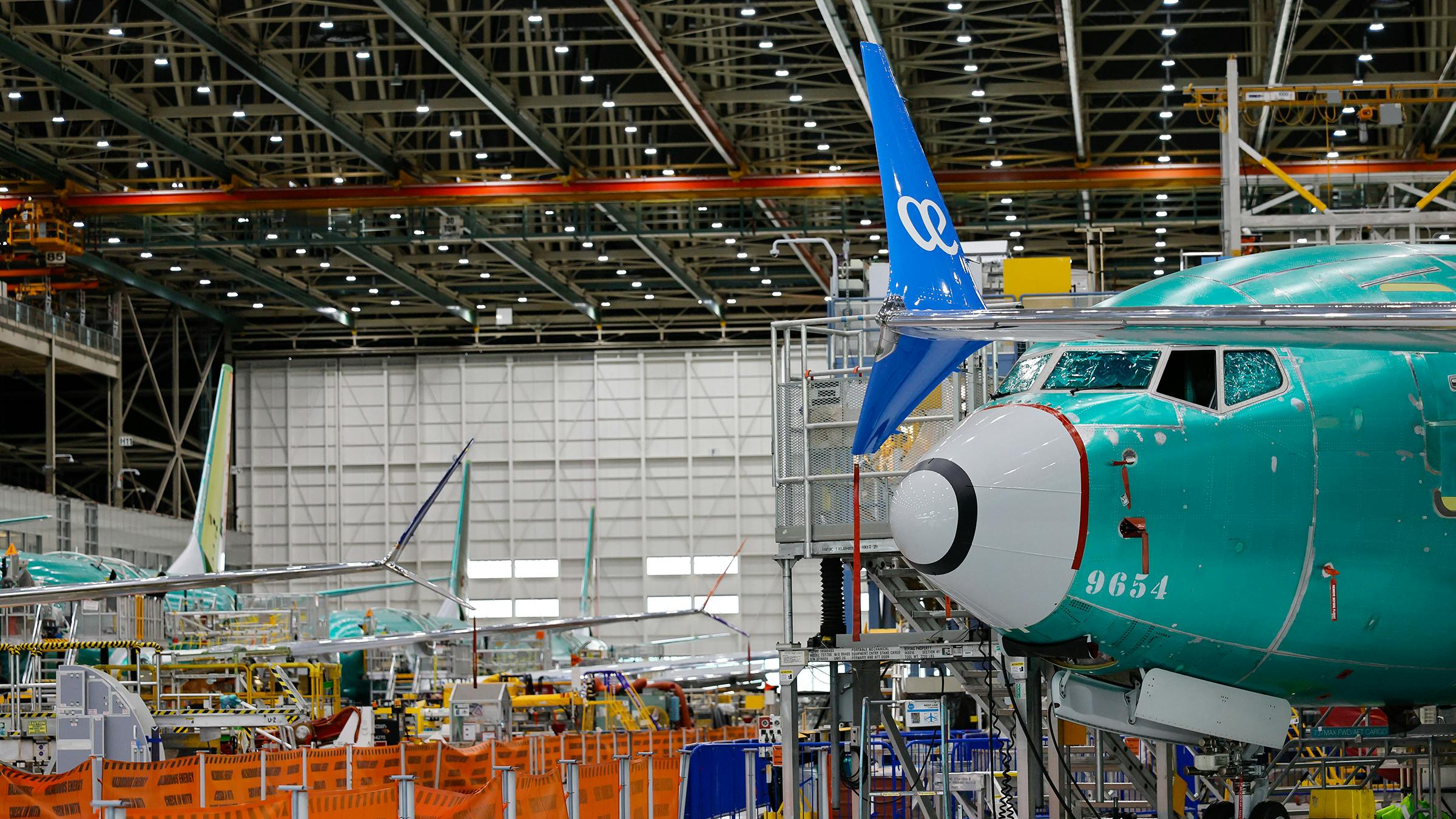 Several 737 MAX aircraft are seen in various stages of assembly at the Boeing factory on Wednesday, April 15, 2026, in Renton, Washington.