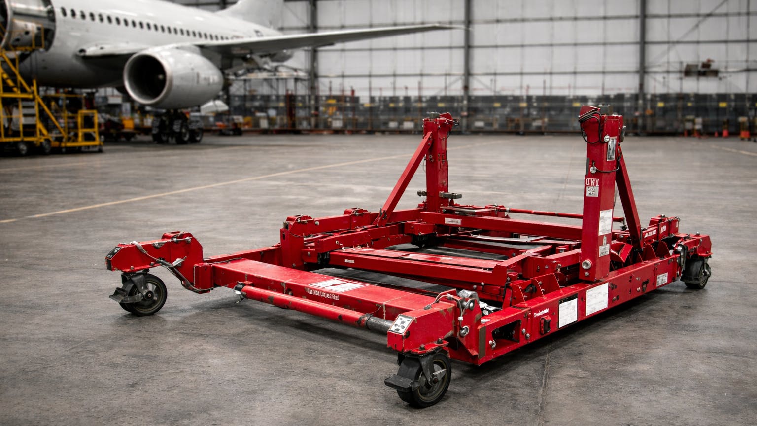 A red engine stand in a hangar with an airplane in the background