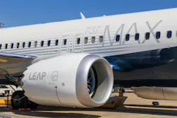 An airplane with '737 MAX' printed on the side and 'LEAP' printed on the engine