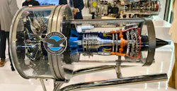 A clear airplane engine on a stand with 'Pratt & Whitney Dependable Engines' printed on the side