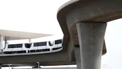 EL SEGUNDO, CA, APRIL 16, 2026: The Automated People Mover, LAX's 2.25-mile electric train system, runs without passengers during a series of testing at LAX on Thursday, April 16, 2026.