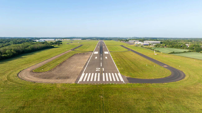 An aerial shot of an airport runway