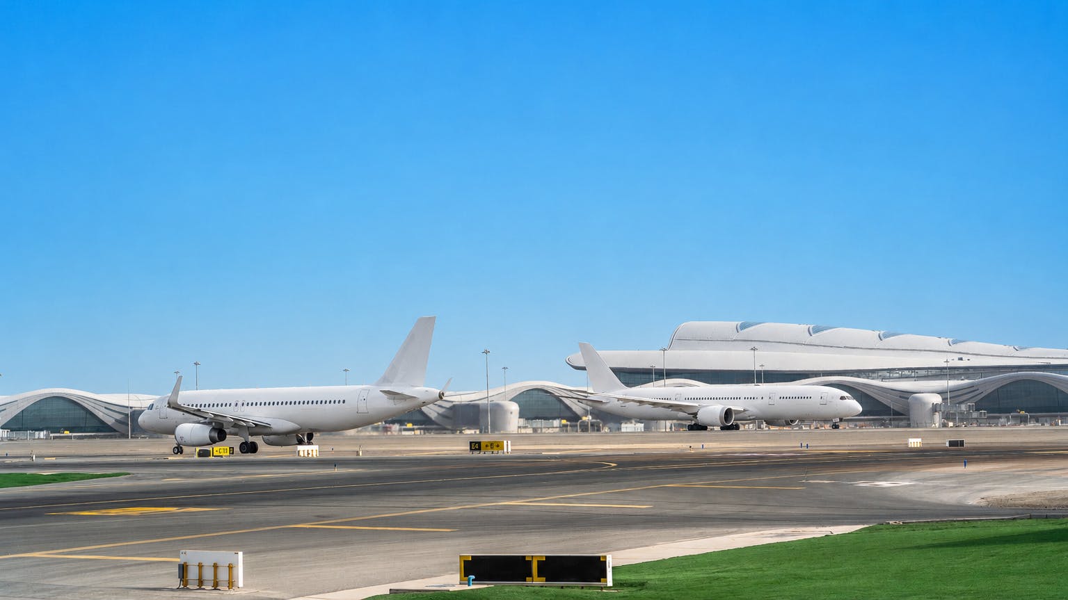 A long-distance photograph of an airfield with airplanes parked on it and a terminal in the background
