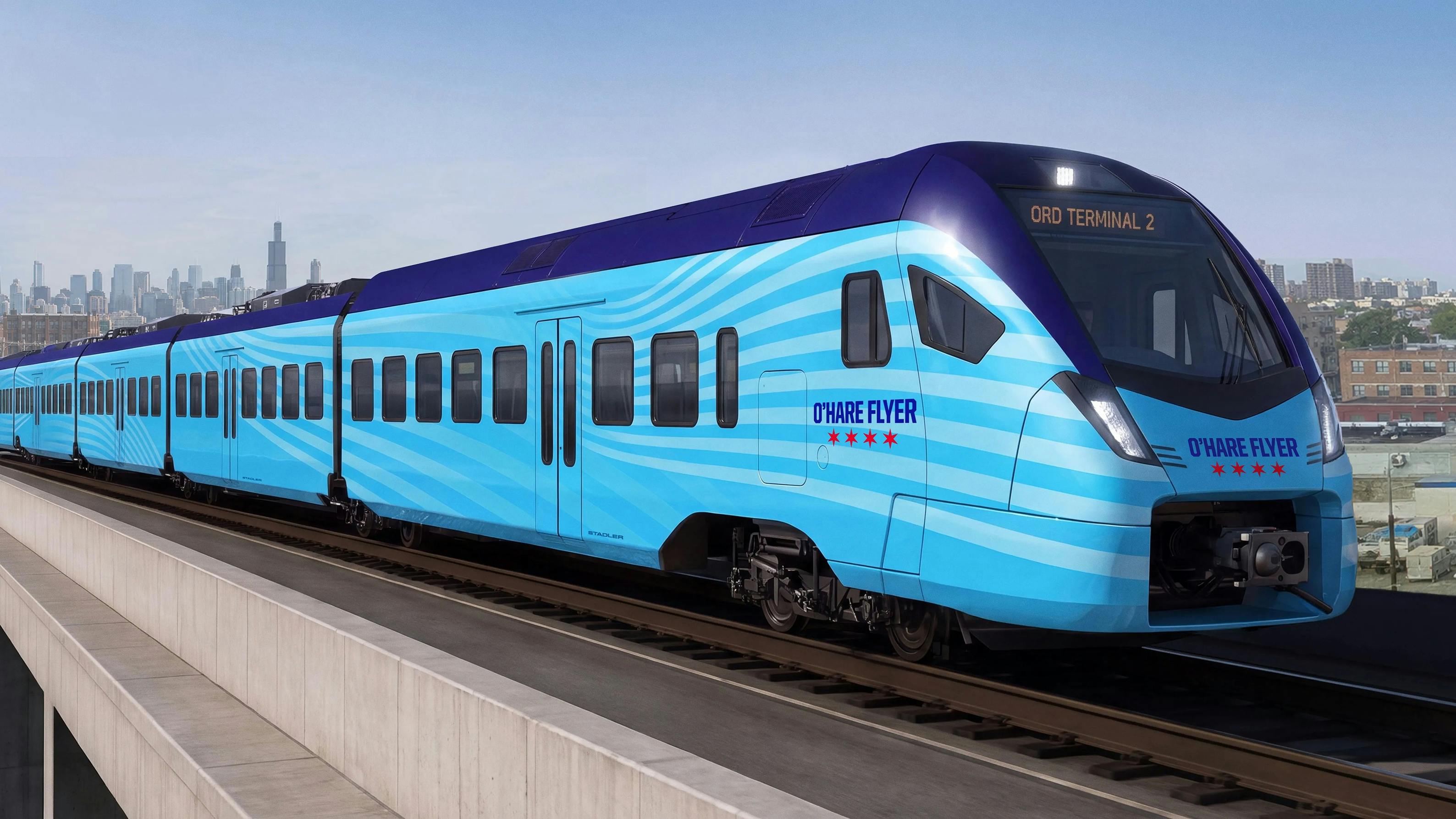 An artist&rsquo;s rendering shows a plan for the O&rsquo;Hare Flyer, a battery-powered train, that would travel from O&rsquo;Hare International Airport to downtown Chicago in 15 minutes.