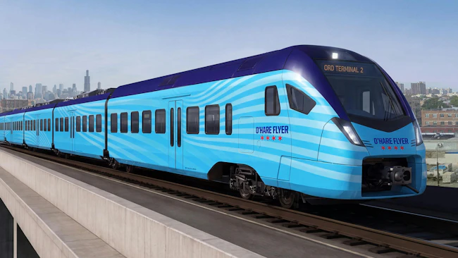 An artist&rsquo;s rendering shows a plan for the O&rsquo;Hare Flyer, a battery-powered train, that would travel from O&rsquo;Hare International Airport to downtown Chicago in 15 minutes.