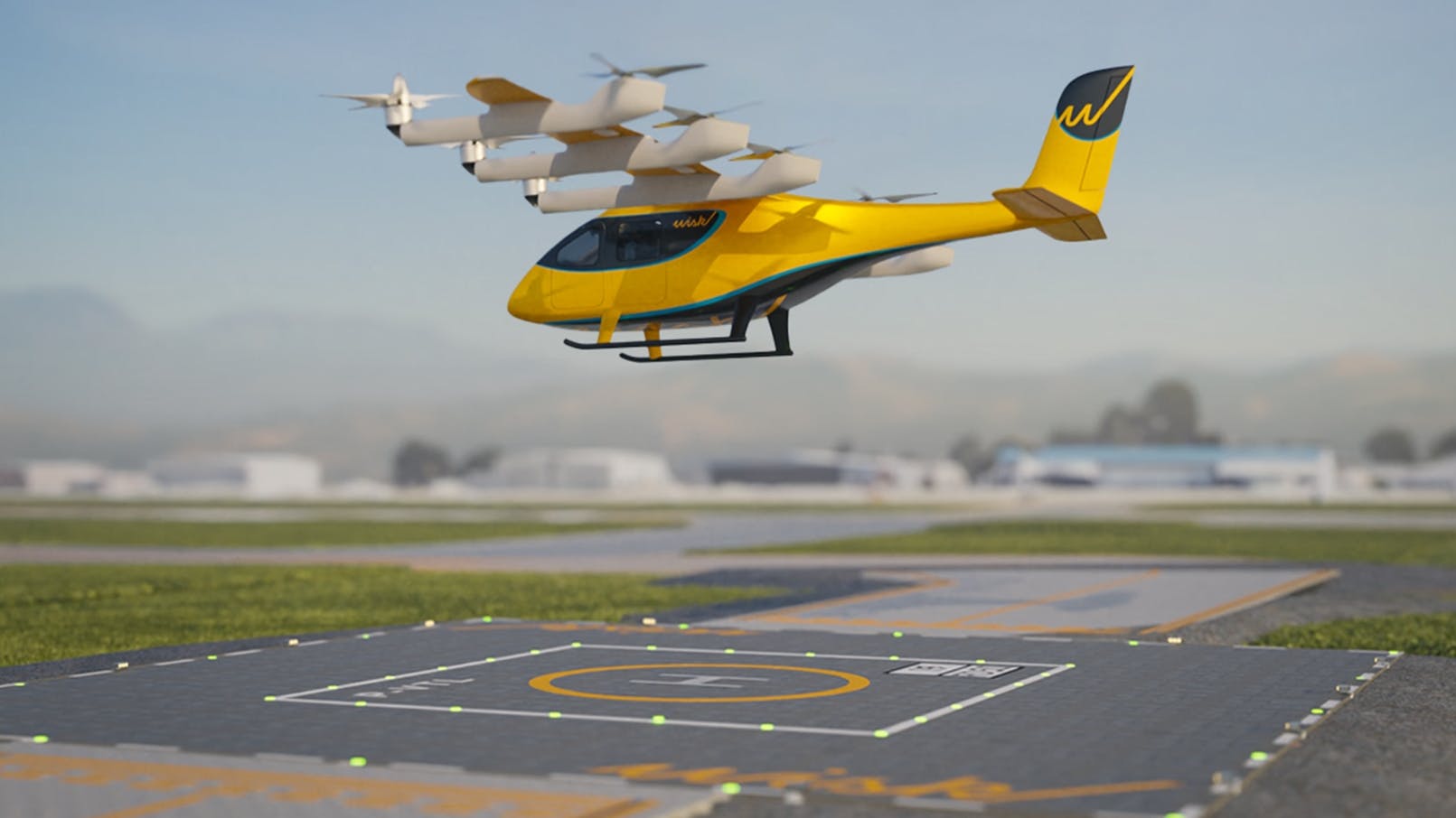 A rendering of a yellow aircraft with many propellers flying over an airfield