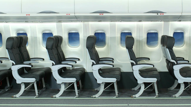 A side view of multiple rows of seats on an airplane